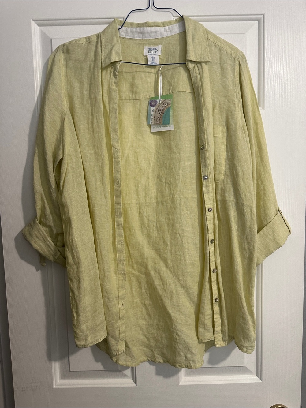 Sigrid Olsen Light Chartreuse Linen Button-Down Shirt size L